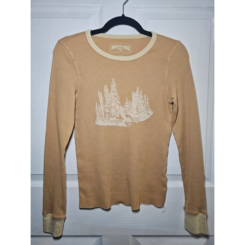 American Eagle Women's Waffle Knit Thermal Long Sleeve Graphic Tan Small